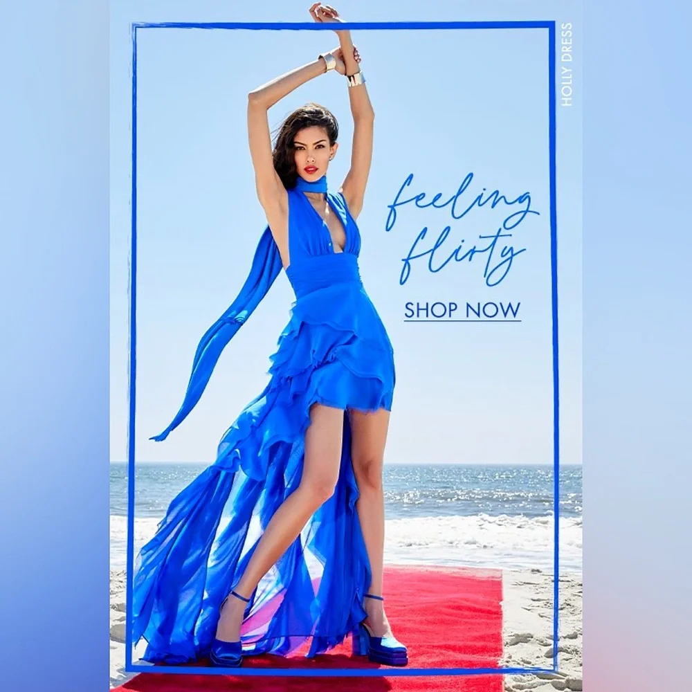 Alice + Olivia Holly Low Neck Asymmetric Ruffle Sapphire Blue Maxi Dress - Picture 4 of 12